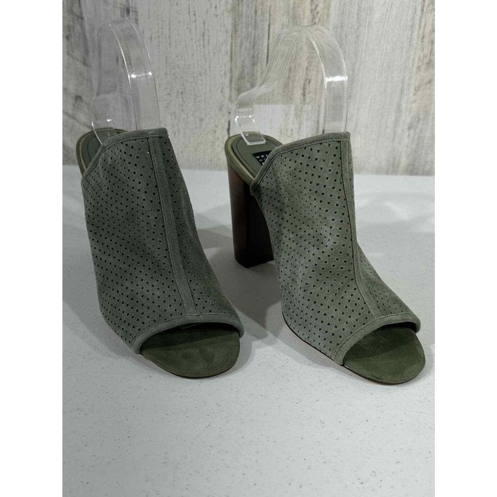White‎ House Black Market Mules 9 Sage Green Suede Block Heel Peep Toe